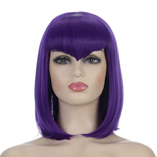 Morticia 12  Short Straight Purple Widows Peak Bang Women Bob Wig