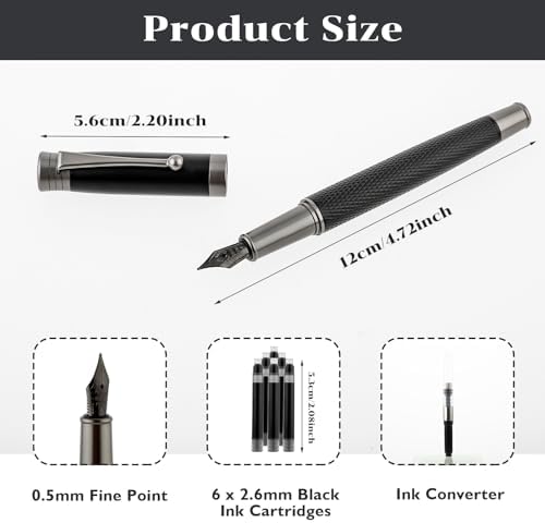 Luxury Fountain Pen Set, Metal Fountain Pen with 6 2.6mm Ink Cartridges Smooth Writing Calligraphy Pens for Journaling Gift Office Business (0.5mm fine point)