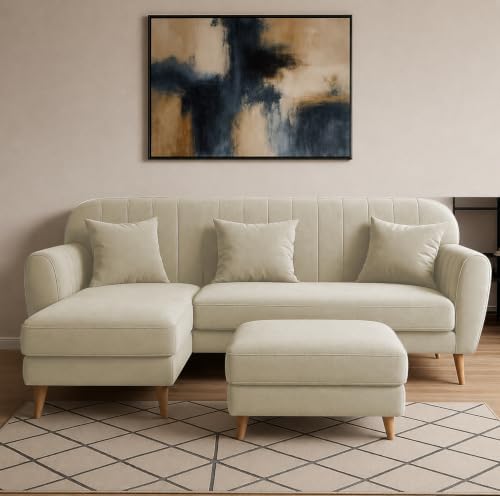 Image of Atticus LHS 4 Seater L Shape Sofa Set with Ottoman for Living Room (Cream Fabric) Premium Fabric Sofa Set