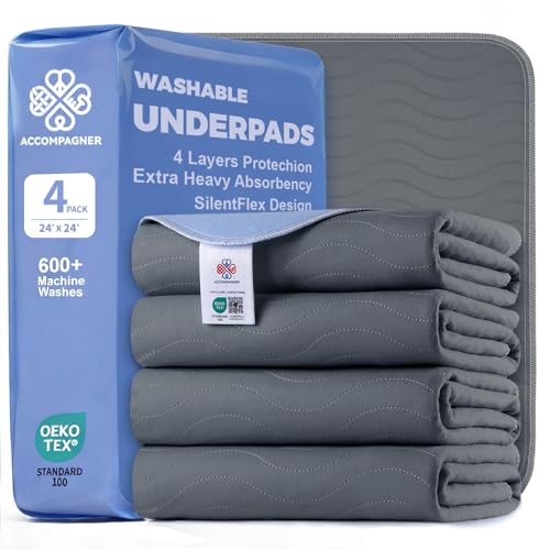 Accompagner Incontinence Bed Pads Washable Waterproof, Ultra-Absorbent Reusable Underpads for Diaper Changing, Nursing, Bedridden, Adults, Seniors, Kids and Dogs (Dark Gray, 24"x24"(Pack of 4))