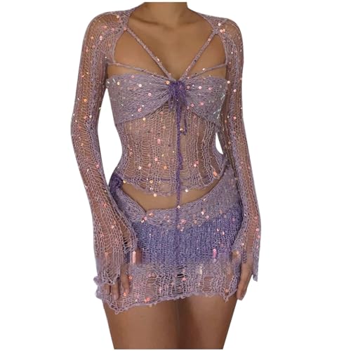 EMATOP Festival Outfit Damen Party Zweiteiler Pailletten Rock und Gehäkelte Oberteile Set 2-Teilige Ausgehöhltes Crop Tops mit Bodycon Minirock...