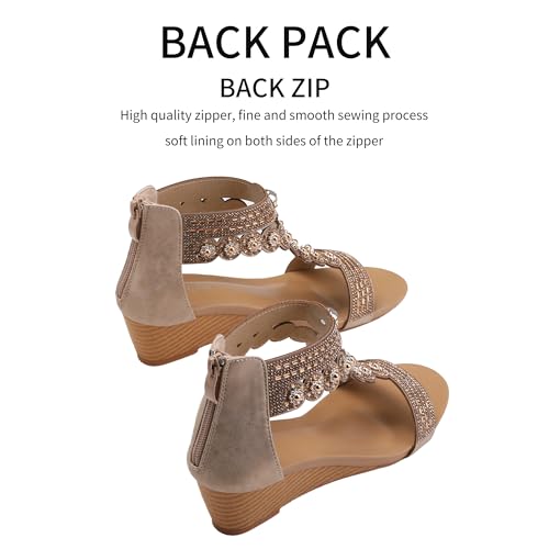 WOJWSKI Wedge Sandals for Women Bohemia Rhinestone Open Toe Roman Heel Zipper Summer Dressy Women's Beach Casual Shoes4