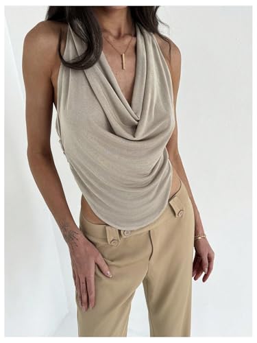 Milumia Women's Draped Front Halter Top Sexy Criss Cross Back Asymmetrical Hem Sleeveless Tank Tops2