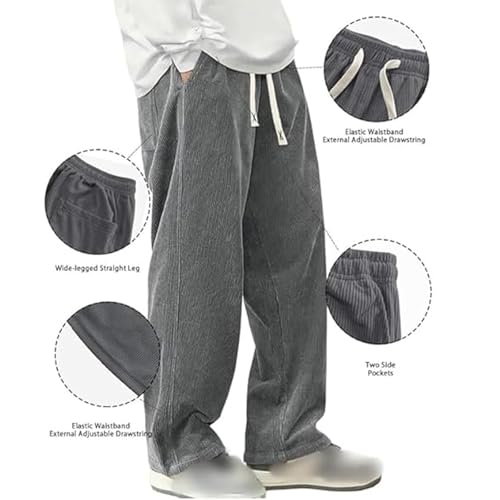 Mens Corduroy Pants, Loose Corduroy Ribbed Surface Embroidered Logo Drawstring Loose Elastic Waist Pocket Trousers 5