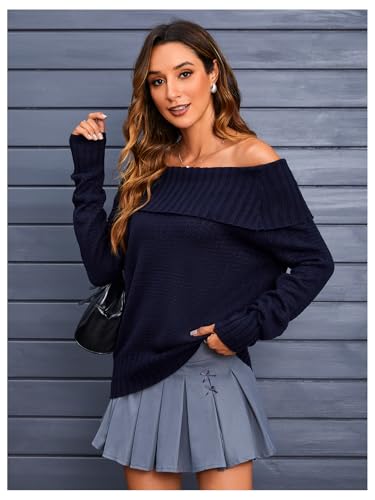 Image of MakeMeChic Women's Long Sleeve Sweater Off The Shoulder Rib Knitted Tops Loose Knitwear Blue Medium