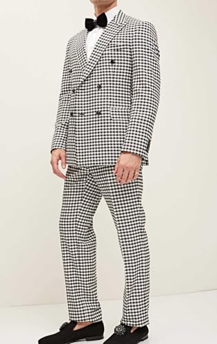 VENNYNG Men's Houndstooth Suits Two Piece Double Breasted Outfits Plaid Casual Wedding Tuxedo Jacket Pant3