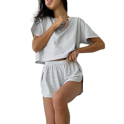 LLELEMAMO Split Short Pajama Set, Womens Pajamas Set Shorts Side Split, Two Piece Set Womens Striped Print Drop Shoulder tee (Gray,L)