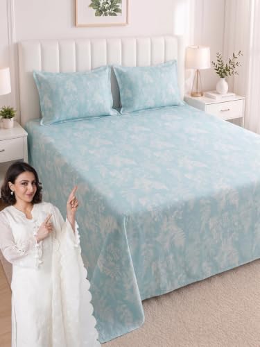 Image of Mafatlal 186 TC Metro Cotton King Size Bedsheet | 108 x 108 Inch|Soft, Breathable & Lightweight | Includes 2 Pillow Covers| Teal Shadow 2