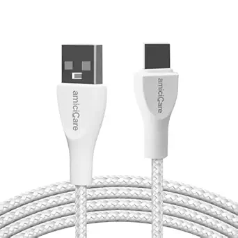 amiciCare 20W/2A Fast Charging Braided Type-C Cable, 1m Long Cable for Smartphone (White)