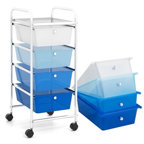 GIANTEX Carro de Almacenamiento con 4 Cajones Plásticos, Carrito Auxiliar con Estructura de Metal, Ruedas Bloqueables, 32 x 37 x 76 cm, Organizador para Baño, Cocina (Azul)