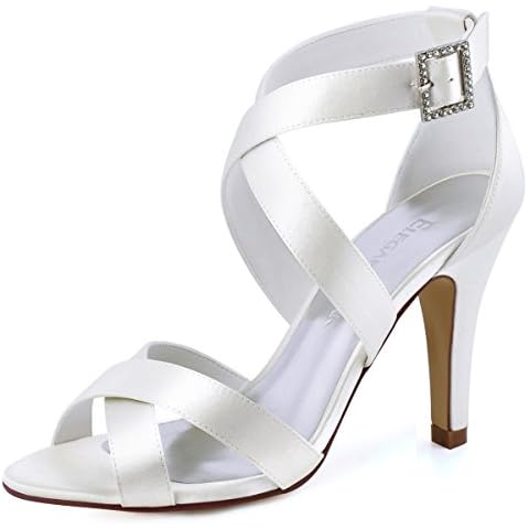 Elegantpark HP1705 Wedding Sandals for Bride High Heels Women Strappy Sandals Peep Toe Buckle Satin Evening Party Wedding Bridal Shoes Ivory UK 5(EU 38) Cover