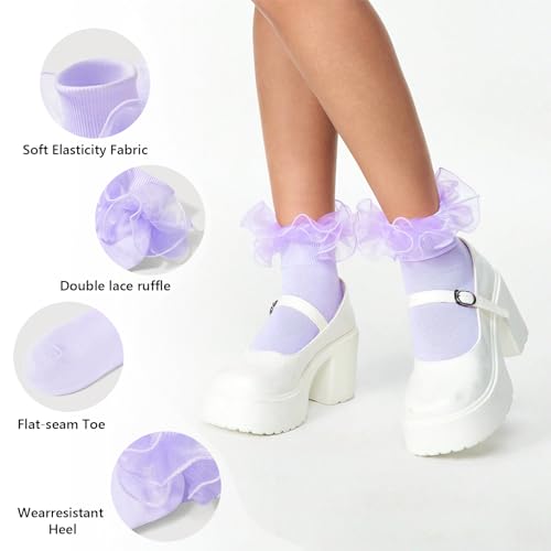 Image of Women Big Ruffle Ankle Socks Adult Double Lace Frilly Socks Fold Cuff Cotton Ruffled Dress Crew Bobby Bride Sock