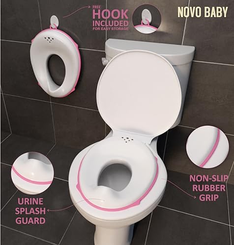Image of Novo Baby Portable Unisex Baby Potty Training Toilet Seat with Non-Slip Base, Splash Guard, and Storage Hook - Ideal for 0-6 Year Child, Fits Round & Oval Toilets, Travel-Friendly New born Toddler