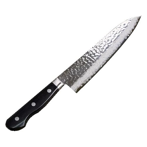 牛刀 両刃 210mm V金10号 割込み ステンレス 磨き槌目ダマスカス17層 口金付き黒合板柄