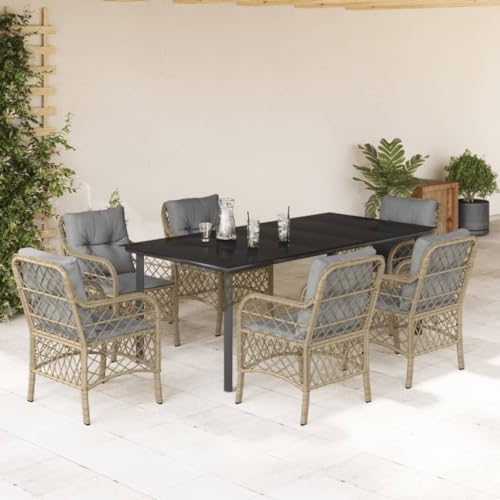 LoogCape Juego de 7 piezas de comedor de jardín de ratán sintético resistente a los rayos UV, color negro y beige, con tapa de cristal y cojines de color gris claro, para patio y balcón