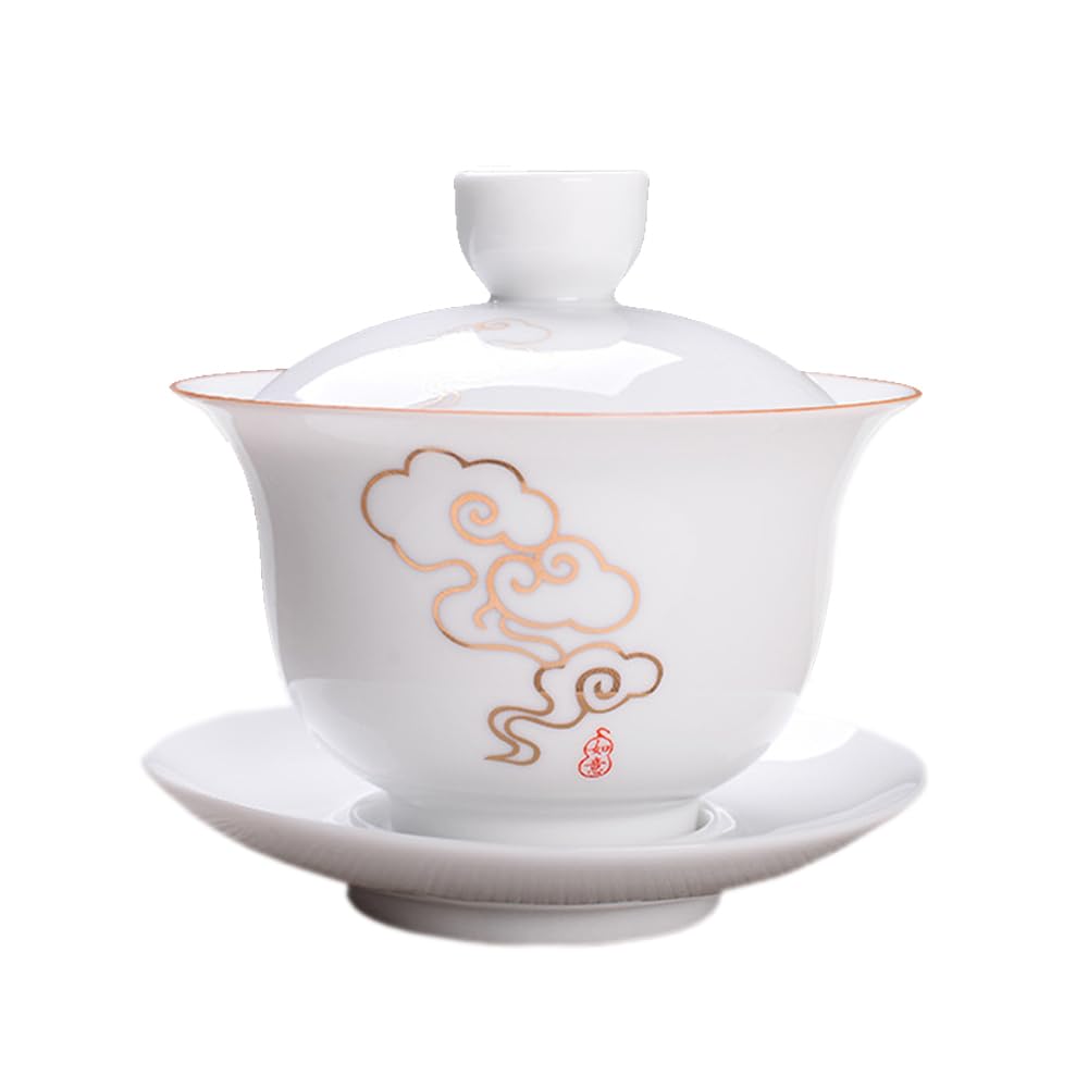 Jingdezhen Chinese Porcelain Gaiwan Handmade 7oz/200ml Kungfu Teacup White Glazed Tureen Chinese Sancai Cover Bowl Lip Cup Saucer Set Traditional Teaware Tea Set (Auspicious clouds)