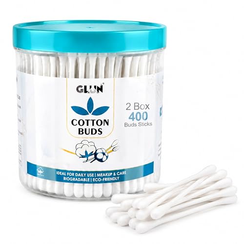 Image of GLUN Safety Cotton Ear Cleaning Buds, Pack of 2 (400 Buds), 2in1 Large Tips for Cleaning Earwax, Makeup Remover for Newborn Babies, 100% Organic Cotton
