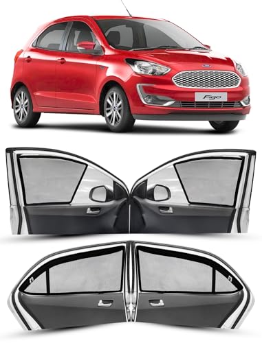 Image of Autofact Magnetic Car Sunshades Compatible with Ford Figo Old (2008 to 2014) (Set of 4) - Easy Installation, UV Protection (Front 2 Half-Cut for Side Mirror Visibility, Rear 2 with Zippers)