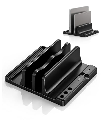 Image of Vertical Laptop Stand, Space Saving Design for Desk Organization, Dual Slot Laptop Holder for Laptop and Tablet, Compact Vertical Stand for Home Office and Dorm Rooms, Black Color