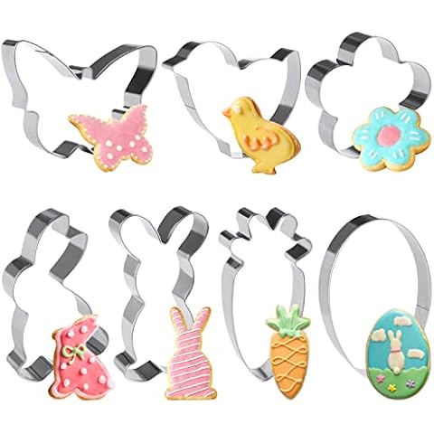 VEYLIN Easter Cookie Cutters, 7Pcs Bunny Cookie Cutter Set Stainless Steel Rabbit, Carrot, Butterfly, Egg, Chick, Flower Cover
