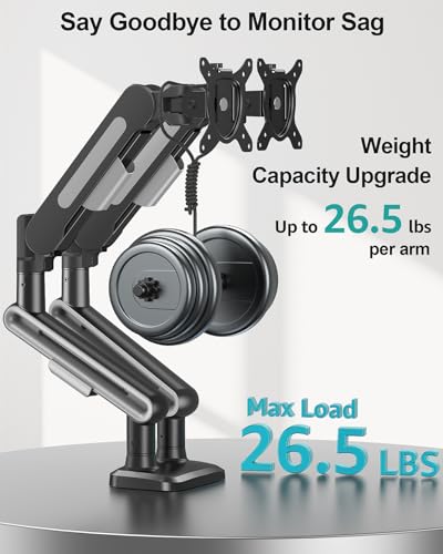 Image of MOUNT PRO Dual Monitor Desk Mount, Pneumatic Monitor Arms for 2 Monitors Max 39 Inches, Adjustable Dual Computer Monitor Stand Each Arm Holds up to 26.5lbs, VESA Mount with C Clamp & Grommet Base