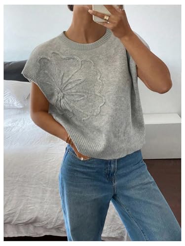 Verdusa Women's Anthropology Floral Summer Sweaters Vest Cap Sleeves Crew Neck Knit Tops3