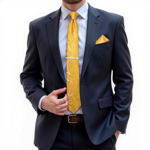 Image of DiBanGu Silk Floral Ties for Men Woven Paisley Necktie and Tie Clip Handkerchief Cufflinks Set for Party Wedding