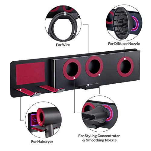 Oak Leaf 5-in-1 Hair Dryer Holder for Dyson, Wall Mount Metal Magnetic Blow Dryer Holder with Fuchsia Anti-Scratch Rubber Protection for Bathroom, Black