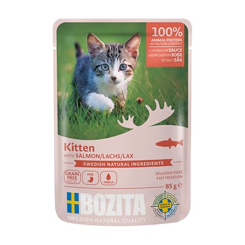 Bozita mit Lachs für Kitten ohne Getreide - kleine Häppchen in Sauce mit Omega 3 für Kitten - 12x85g Nassfutter im Portionsbeutel für Junior Katzen Aller Rassen
