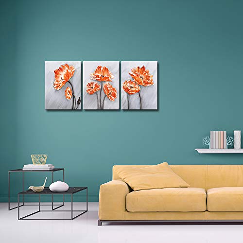 Image of Derkymo 3 Panels Elegant Poppy Wall Painting Orange Flower Canvas Wall Art Pictures of Poppy Flowers for Home Decoration Stretched and Framed Easy to Hang 12 inchx16 inchx3pcs