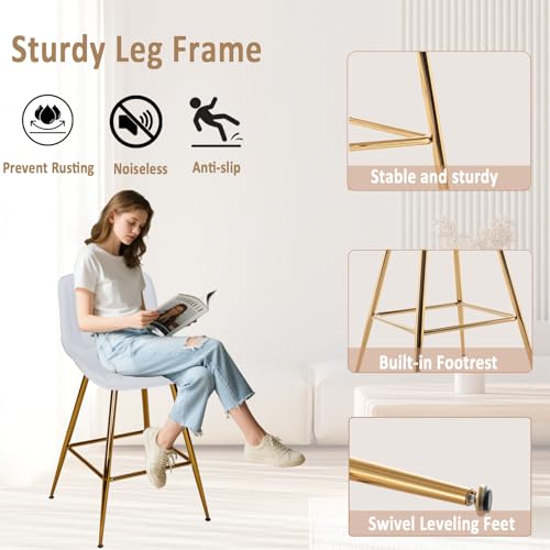Image of Sidanli Gold Barstools Set of 2, White Bar Stools with Gold Legs, Velvet Stools for Kitchen Island, 24inch Luxury Barstools with Adjustable Footrests