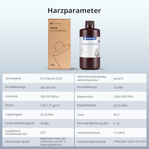 ANYCUBIC 14K Texture Resin, UV 405nm Hochpräzises 3D Drucker Resin, Mattes Finish, Geruchsarm, Leicht zu reinigen, Geeignet für verschiedene Miniaturszenen, Grau 1000g