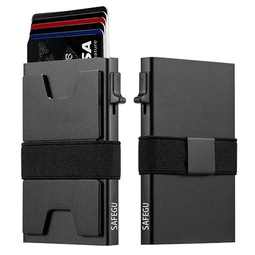 Smart Card Wallet for Men Slim: Minimalist Wallet For Men - RFID Blocking Pop Up Front Pocket Wallet, Metal Wallet 11 Card Holder | Aluminum Pop-Up Card Holder with Cash Strap (Black+Black)