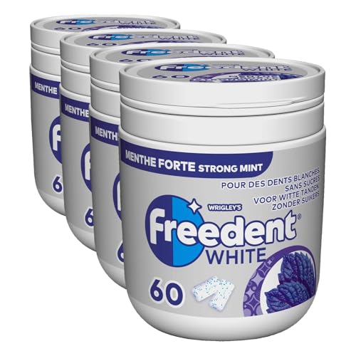 FREEDENT WHITE - Chewing-gum Menthe Forte sans sucres - Boîte de 60 dragées - Préparez la rentrée - 84g (Lot de 4)