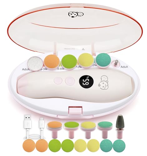 Image of Rechargeable 22 in 1 Baby Nail Trimmer, Usage Labeled Case, 13 Extra Replacement Tools, Royal Angels Electric Nail File with LCD display, Newborn Toddler Nail Care Clipper Kit (Rechargeable,WhitePink)