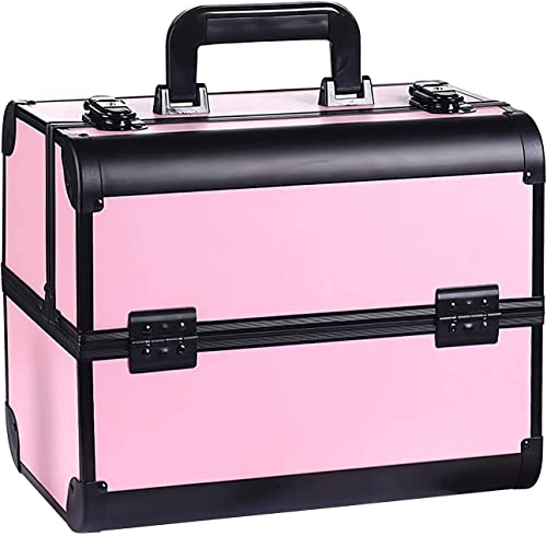 Image of Adson Professional Makeup Box Cosmetics Case Jewelry Organiser Vanity Make Up Storage Box Beauty Train Case Lockable with Keys (Light Pink with Black Corners)