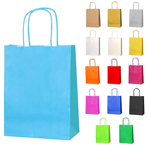 Thepaperbagstore 10 Azul Claro Bolsas de Papel con Asas para Fiestas   18x22x8cm   Bolsas de Regalo de Papel Coloridas para Fiestas Infantiles y de Adultos, Cumpleaños, Bodas, Baby Showers.