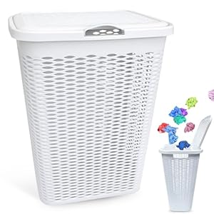 Baúl para la colada, Cesto para Ropa Sucia con Tapa y Asas, Cubo pongotodo para Colada, 100% material reciclado, 60 cm alto x 35.5 cm fondo x 43 cm ancho, Capacidad 51 Litros, Color Blanco