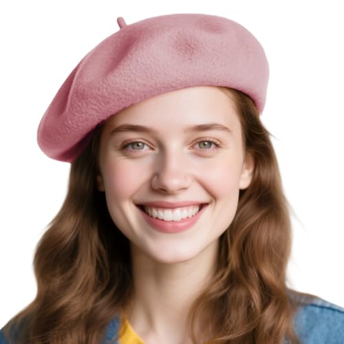 French Breathable Solid Color Wool Beret Hats Artist Painter Beanie Hat for Women Men All Seasons Pink Color