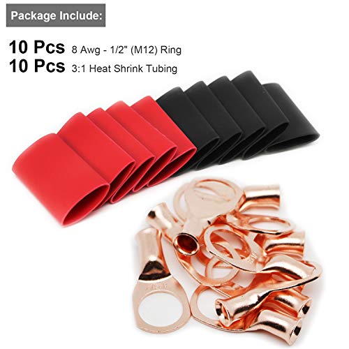 Image of 10pcs 8 AWG-1 /2 inch Battery Lugs,Copper Wire Lugs,UL Listed Heavy Duty Battery Cable Ends,Tubular Ring Terminals,AWG Crimp Wire Ring Lugs,Battery Terminal Connectors with 3:1 Heat Shrink Tubing