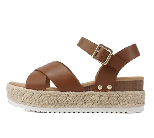 Image of Soda inchFIRELY inch ~ Women Round Toe Crisscross Band Platform Espadrille Wedge Sandal with Adjustable Ankle Strap