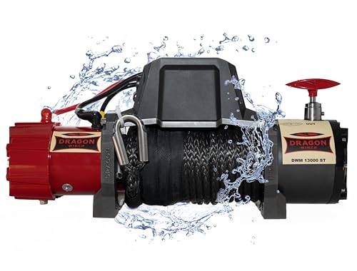 Dragon Winch Treuil électrique 12V avec radiateur 13000 lbs / 5897 kg avec câble synthétique 20m pour dépanneuses et véhicules municipaux | télécommande sans fil + accessoires treuil | Étanchéité IP67