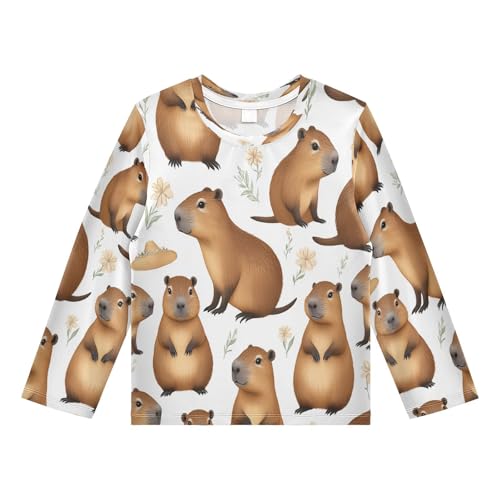 Capybaras Flowers Floral Boys Rash Guard Long Sleeve UPF 50+ Boys Swim Shirt Quick Dry Shirt for 3-12 Years