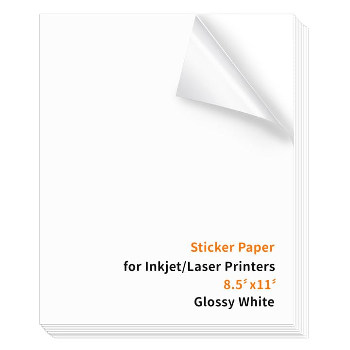 Sponsored Ad - Printable Sticker Paper Glossy White 100 Sheets 8.5"x11" for Inkjet & Laser Printer, Dries Quickly Sticker Paper Self-Adhesive