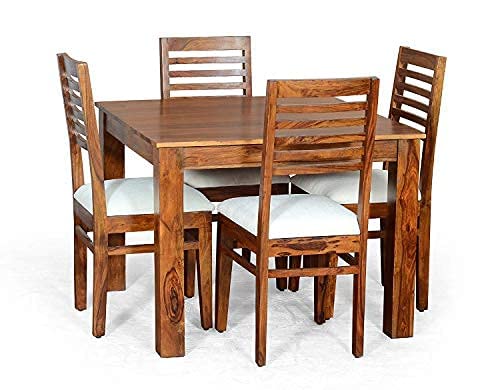 Image of SHRI MINTU'S ART Solid Sheesham Wood Dining Table 4 Seater | Four Seater Dinning Table with 4 Chairs for Home | Chairs with Cushion | Dining Room Sets for Kitchen & Restaurants | Rosewood, Honey