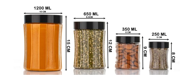 Image of Black Olive Storage Organizer Container Set - Transparent Jar Set for Kitchen with Lids & Spoons, 1200ml, 650ml, 350ml & 250ml Dabba Box for Spices, Snacks, Grocery & Dry Fruits (Black, 20pc)