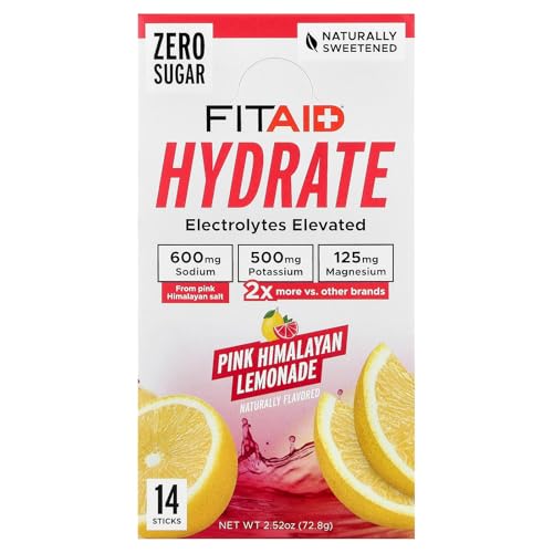 Image of LIFEAID FITAID Hydrate Clean Electrolyte Mix, Zero Sugar, Balanced Electrolyte Ratios: 600mg Sodium, 500mg Potassium, 125mg Magnesium, Pink Lemonade, for Exercise & Active Hydration, 14 Sticks
