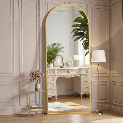 OLIXIS Arched Full Length Mirror for Bedroom, 56'x21' Full Body Mirror with Stand, Hanging or Leaning for Wall, Aluminum Alloy Thin Frame Floor Standing for Living Room, Long, Gold