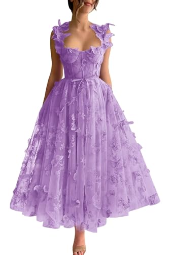 Tulle Prom Dress 3D Butterfly Spaghetti Straps Applique Tea Length Formal Evening Gown