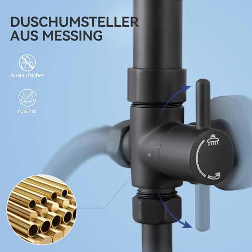 Auralum Regendusche ohne Armatur, Schwarz Duscharmatur mit Ø 250 mm Runder Regendusche, 4 Strahlarten Duschkopf und Höhenverstellbarer Duschstange, Duschsystem ohne Armatur ideal zum Nachrüsten